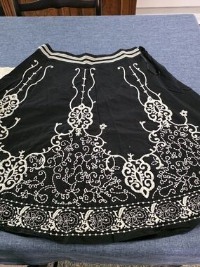 Coldwater Creek Black Midi Skirt with White Embroidery